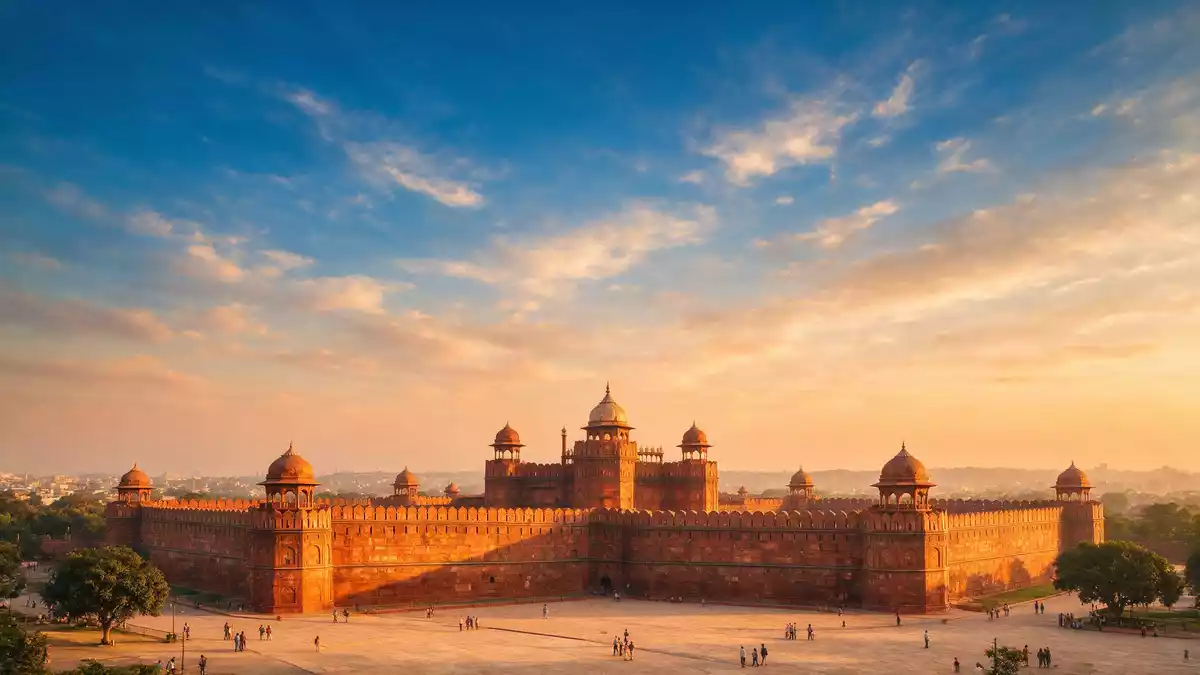 Fotorealistische Ansicht von Rotes Fort Delhi in Delhi, Indien im Abendlicht