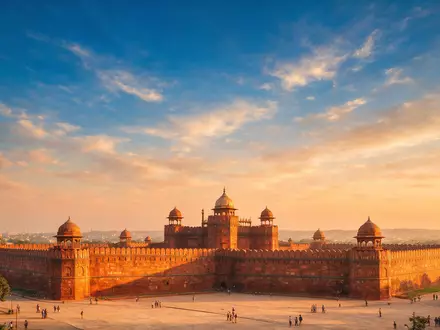 Fotorealistische Panoramaaufnahme von Rotes Fort Delhi in Delhi Indien, warmes Abendlicht auf Wahrzeichen - Foto: THN