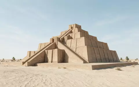 Moderner Architektur-Render zeigt Silhouette von Zikkurat von Ur in Nasiriya Irak, klare Linien und neutrales - Foto: THN