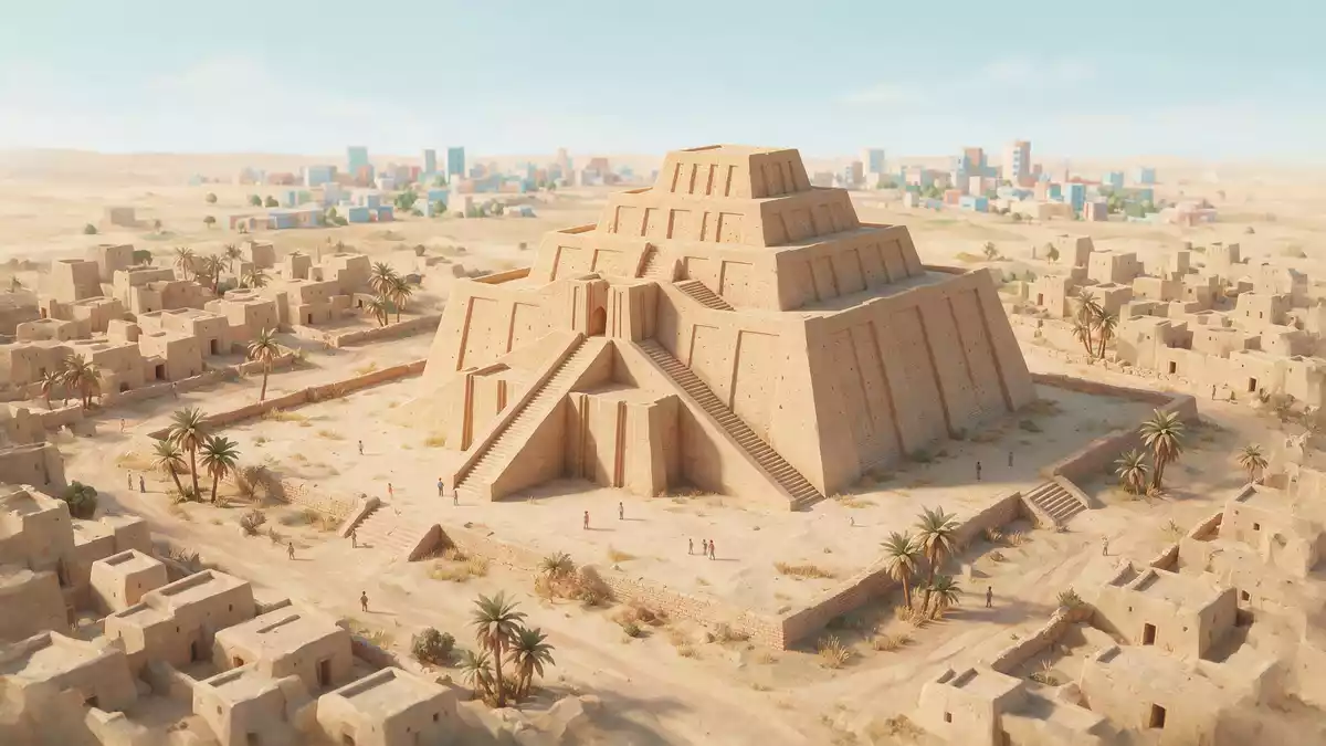 Isometrisches Diorama von Zikkurat von Ur in Nasiriya, Irak in Pastell
