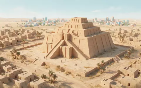 Isometrisches Diorama von Zikkurat von Ur und Umgebung in Nasiriya Irak, verspielte Low-Poly-Kulisse in Pastellfarben - Foto: THN