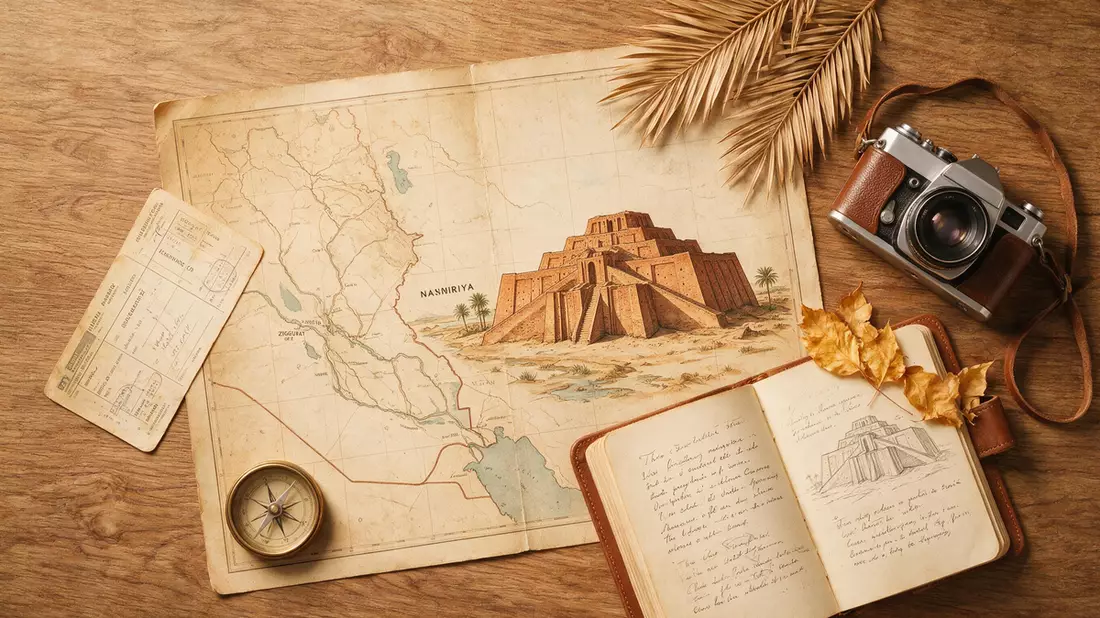 Flatlay-Reise-Arrangement rund um Zikkurat von Ur in Nasiriya, Irak
