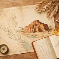 Flatlay-Reise-Arrangement rund um Zikkurat von Ur in Nasiriya Irak, Karte Kompass Kamera und generische Reiserequisiten - Foto: THN