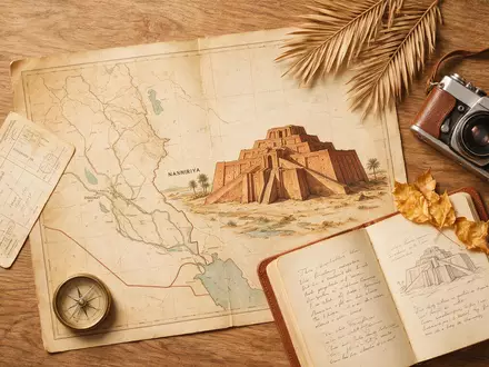 Flatlay-Reise-Arrangement rund um Zikkurat von Ur in Nasiriya Irak, Karte Kompass Kamera und generische Reiserequisiten - Foto: THN