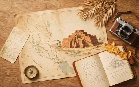 Flatlay-Reise-Arrangement rund um Zikkurat von Ur in Nasiriya Irak, Karte Kompass Kamera und generische Reiserequisiten - Foto: THN