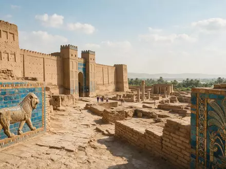 Editorialbild im Reisemagazin-Stil vom Wahrzeichen Ausgrabungen von Babylon in Hillah Irak, ausgewogene Bildgestaltung und natuerliches - Foto: THN