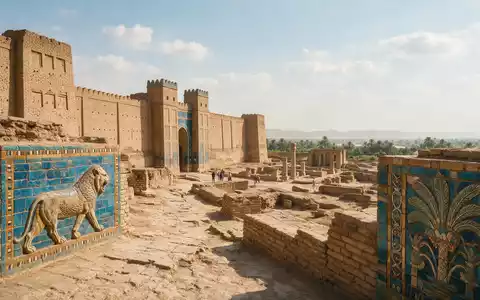 Editorialbild im Reisemagazin-Stil vom Wahrzeichen Ausgrabungen von Babylon in Hillah Irak, ausgewogene Bildgestaltung und natuerliches - Foto: THN