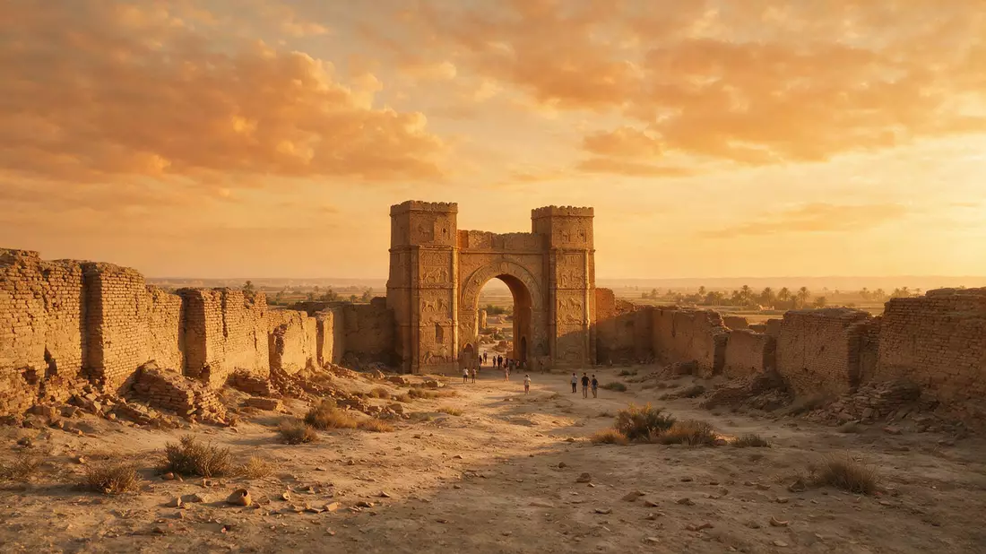 Fotorealistische Ansicht von Ausgrabungen von Babylon in Hillah, Irak im Abendlicht