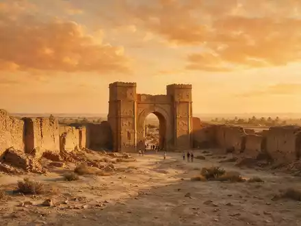Fotorealistische Panoramaaufnahme von Ausgrabungen von Babylon in Hillah Irak, warmes Abendlicht auf Wahrzeichen - Foto: THN