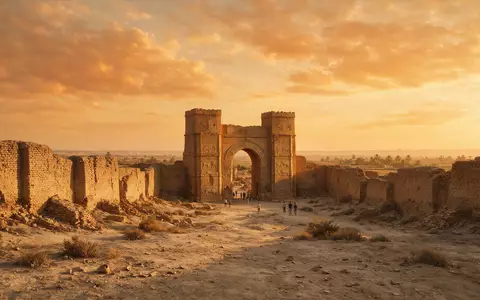 Fotorealistische Panoramaaufnahme von Ausgrabungen von Babylon in Hillah Irak, warmes Abendlicht auf Wahrzeichen - Foto: THN