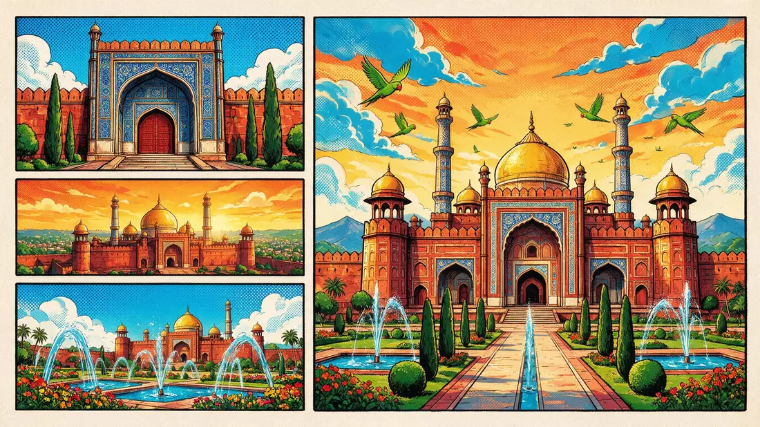Pop-Art-Comic von Lahore Fort in Lahore, Pakistan mit Rasterpunkten