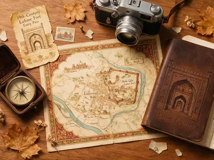 Flatlay-Reise-Arrangement rund um Lahore Fort in Lahore Pakistan, Karte Kompass Kamera und generische Reiserequisiten - Foto: THN