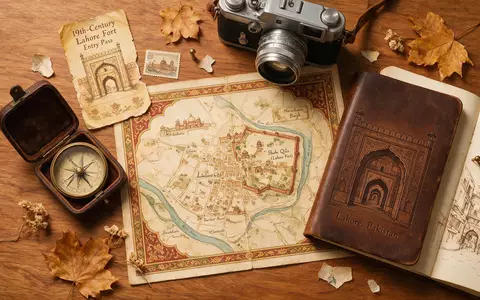 Flatlay-Reise-Arrangement rund um Lahore Fort in Lahore Pakistan, Karte Kompass Kamera und generische Reiserequisiten - Foto: THN