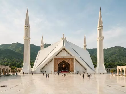 Editorialbild im Reisemagazin-Stil vom Wahrzeichen Faisal-Moschee Islamabad in Islamabad Pakistan, ausgewogene Bildgestaltung und natuerliches Umgebungslicht - Foto: THN