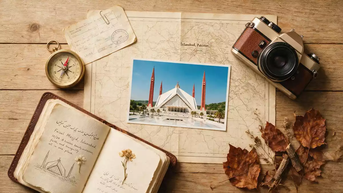 Flatlay-Reise-Arrangement rund um Faisal-Moschee Islamabad in Islamabad, Pakistan