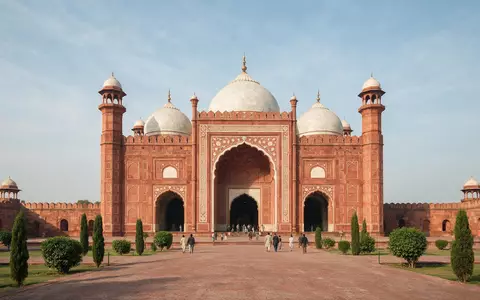 Editorialbild im Reisemagazin-Stil vom Wahrzeichen Badshahi-Moschee Lahore in Lahore Pakistan, ausgewogene Bildgestaltung und natuerliches Umgebungslicht - Foto: THN
