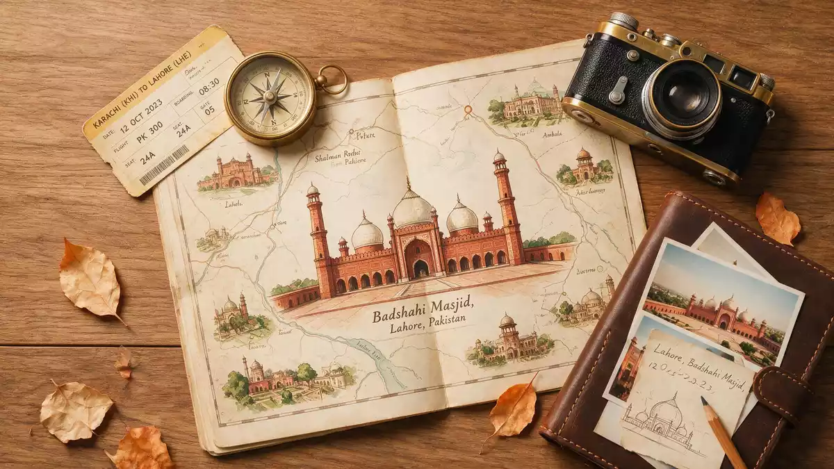 Flatlay-Reise-Arrangement rund um Badshahi-Moschee Lahore in Lahore, Pakistan
