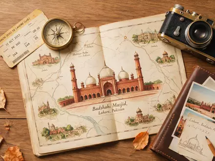 Flatlay-Reise-Arrangement rund um Badshahi-Moschee Lahore in Lahore Pakistan, Karte Kompass Kamera und generische Reiserequisiten - Foto: THN