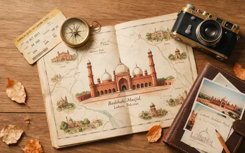 Flatlay-Reise-Arrangement rund um Badshahi-Moschee Lahore in Lahore Pakistan, Karte Kompass Kamera und generische Reiserequisiten - Foto: THN