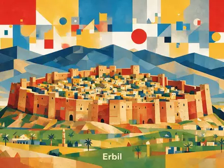Bauhaus-Poster als geometrische Abstraktion von Zitadelle von Erbil in Erbil Irak, kraeftige Grundfarben und harte - Foto: THN