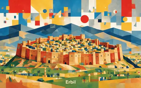 Bauhaus-Poster als geometrische Abstraktion von Zitadelle von Erbil in Erbil Irak, kraeftige Grundfarben und harte - Foto: THN