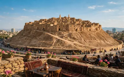 Editorialbild im Reisemagazin-Stil vom Wahrzeichen Zitadelle von Erbil in Erbil Irak, ausgewogene Bildgestaltung und natuerliches - Foto: THN