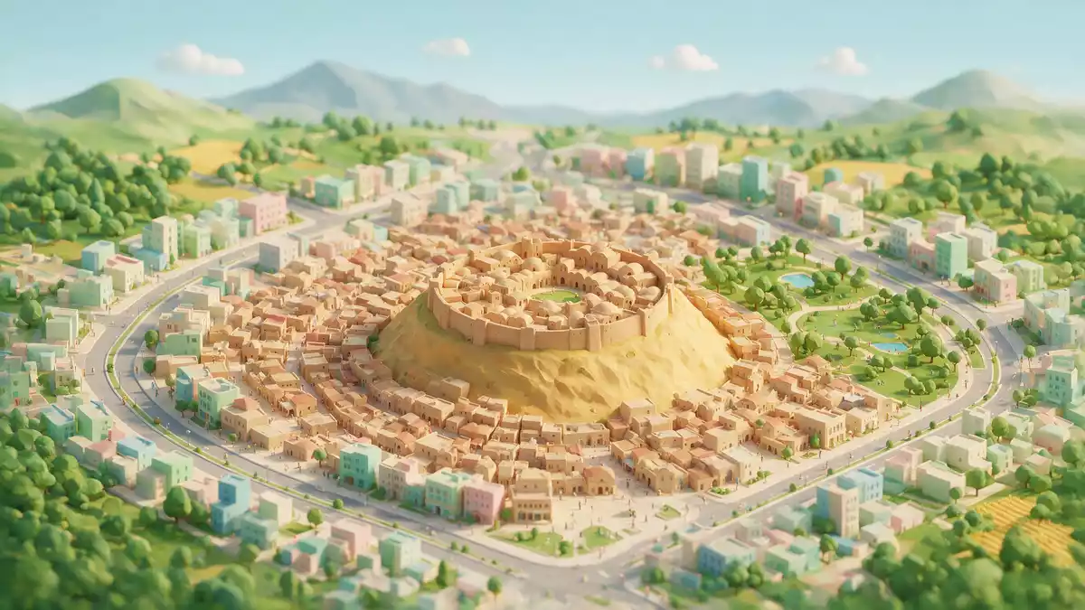 Isometrisches Diorama von Zitadelle von Erbil in Erbil, Irak in Pastell