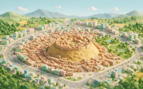 Isometrisches Diorama von Zitadelle von Erbil und Umgebung in Erbil Irak, verspielte Low-Poly-Kulisse in Pastellfarben - Foto: THN