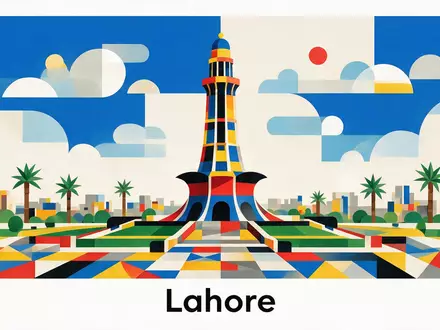 Bauhaus-Poster als geometrische Abstraktion von Minar-e-Pakistan in Lahore Pakistan, kraeftige Grundfarben und harte Formkanten - Foto: THN