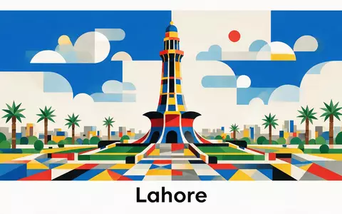 Bauhaus-Poster als geometrische Abstraktion von Minar-e-Pakistan in Lahore Pakistan, kraeftige Grundfarben und harte Formkanten - Foto: THN
