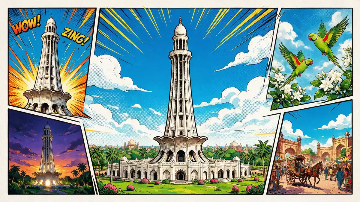 Pop-Art-Comic von Minar-e-Pakistan in Lahore, Pakistan mit Rasterpunkten