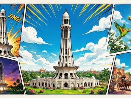 Pop-Art-Comicillustration des Wahrzeichens Minar-e-Pakistan in Lahore Pakistan, kraeftige Konturen Rasterpunkte und satte Farben - Foto: THN