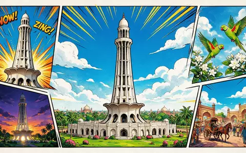 Pop-Art-Comicillustration des Wahrzeichens Minar-e-Pakistan in Lahore Pakistan, kraeftige Konturen Rasterpunkte und satte Farben - Foto: THN
