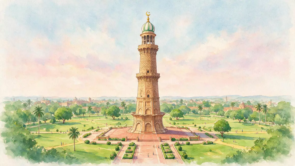 Aquarell-Illustration von Minar-e-Pakistan in Lahore, Pakistan als Reiseposter