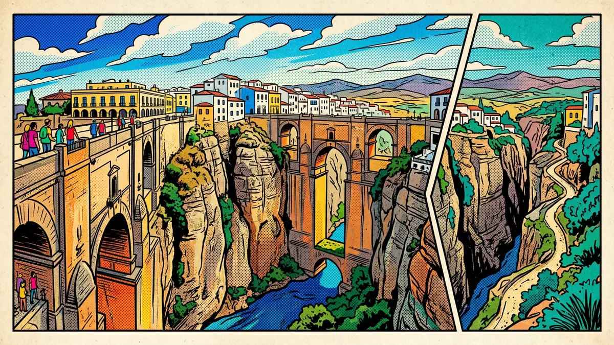 Pop-Art-Comic von Puente Nuevo Ronda in Ronda, Spanien mit Rasterpunkten