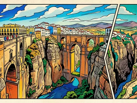 Pop-Art-Comicillustration des Wahrzeichens Puente Nuevo Ronda in Ronda Spanien, kraeftige Konturen Rasterpunkte und satte Farben - Foto: THN
