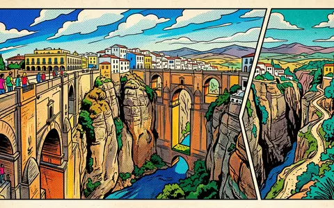 Pop-Art-Comicillustration des Wahrzeichens Puente Nuevo Ronda in Ronda Spanien, kraeftige Konturen Rasterpunkte und satte Farben - Foto: THN