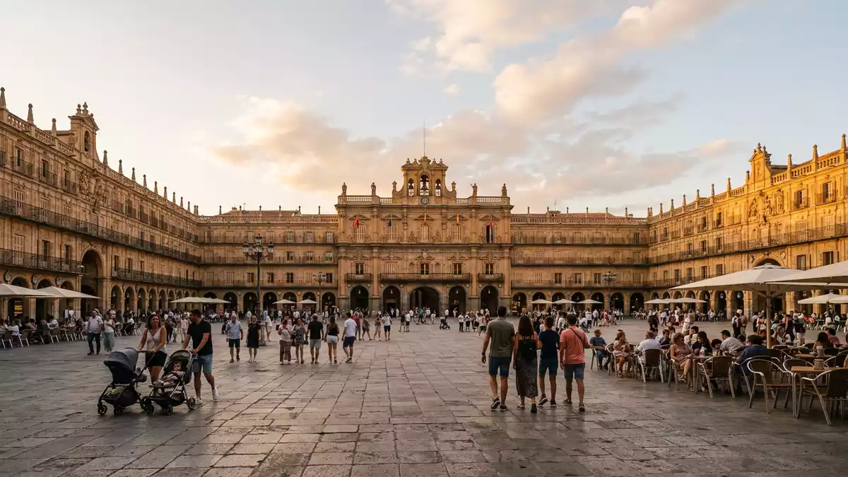 Editorial-Reisemagazinbild vom Wahrzeichen Plaza Mayor Salamanca in Salamanca, Spanien