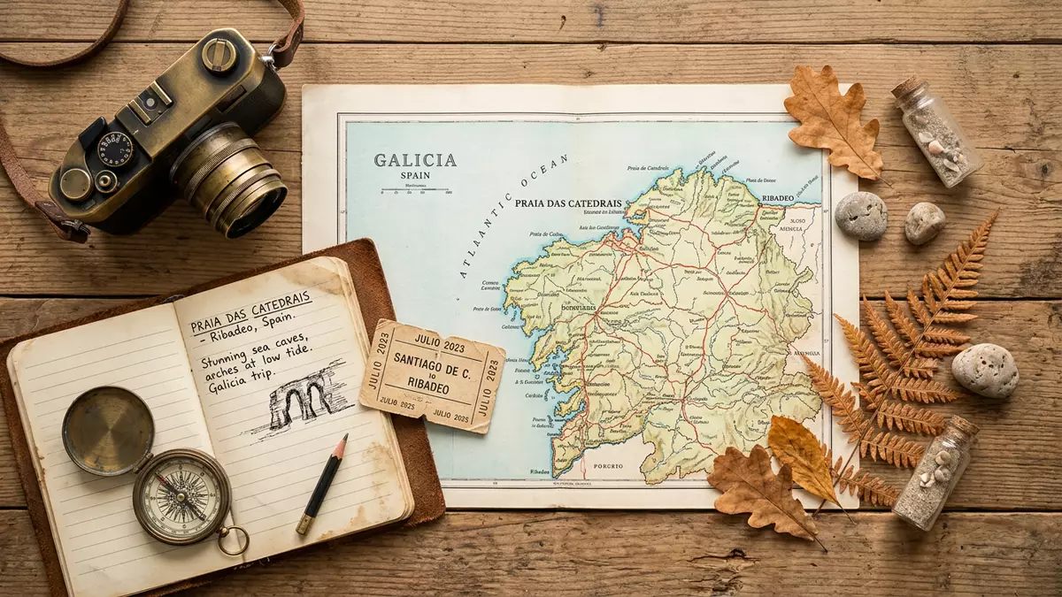 Flatlay-Reise-Arrangement rund um Playa de las Catedrales in Ribadeo, Spanien