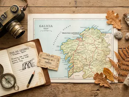 Flatlay-Reise-Arrangement rund um Playa de las Catedrales in Ribadeo Spanien, Karte Kompass Kamera und generische - Foto: THN