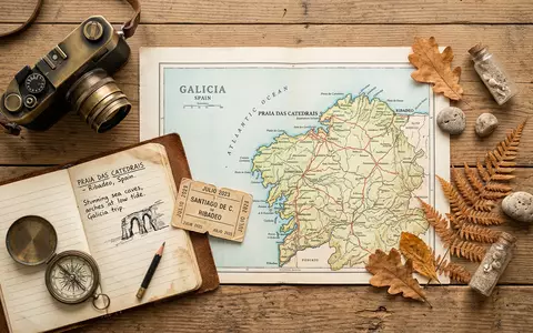 Flatlay-Reise-Arrangement rund um Playa de las Catedrales in Ribadeo Spanien, Karte Kompass Kamera und generische - Foto: THN