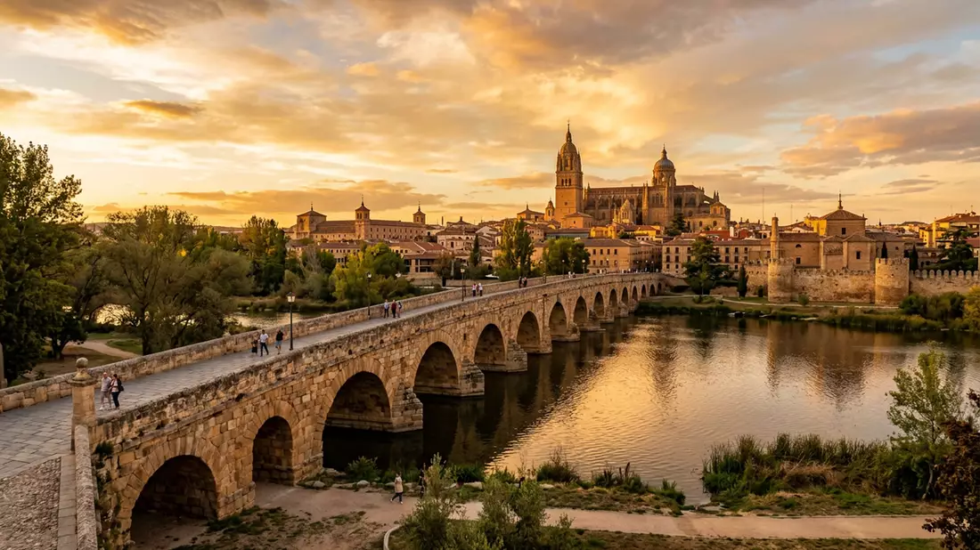Fotorealistische Ansicht von Romische Brucke Salamanca in Salamanca, Spanien im Abendlicht