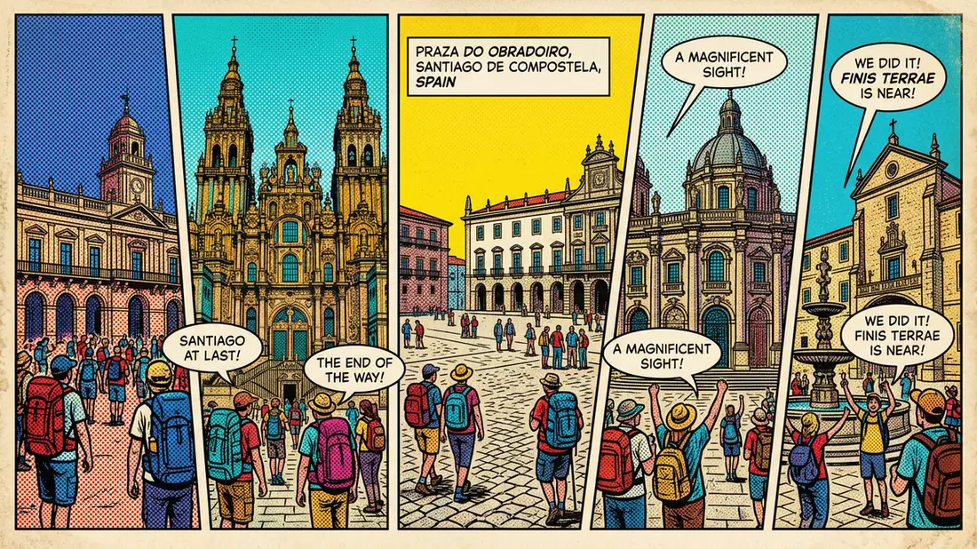 Pop-Art-Comic von Praza do Obradoiro in Santiago de Compostela, Spanien mit Rasterpunkten