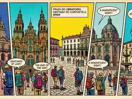 Pop-Art-Comicillustration des Wahrzeichens Praza do Obradoiro in Santiago de Compostela Spanien, kraeftige Konturen Rasterpunkte und - Foto: THN