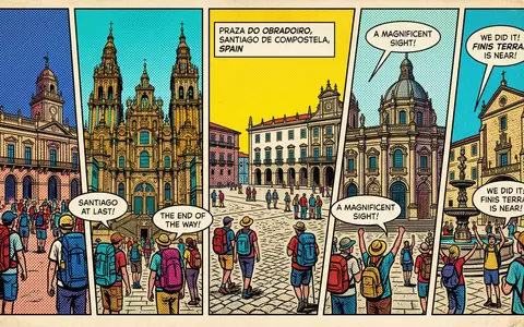 Pop-Art-Comicillustration des Wahrzeichens Praza do Obradoiro in Santiago de Compostela Spanien, kraeftige Konturen Rasterpunkte und - Foto: THN