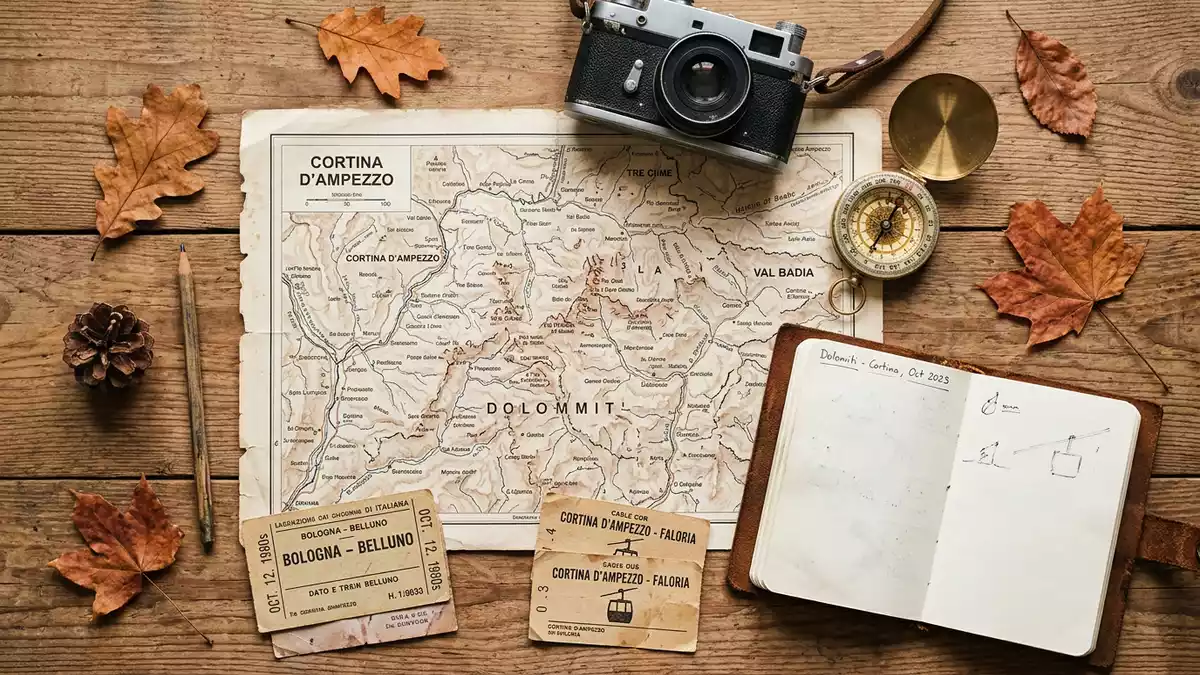 Flatlay-Reise-Arrangement rund um Dolomiten in Cortina d'Ampezzo, Italien