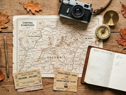 Flatlay-Reise-Arrangement rund um Dolomiten in Cortina d'Ampezzo Italien, Karte Kompass Kamera und generische Reiserequisiten - Foto: THN