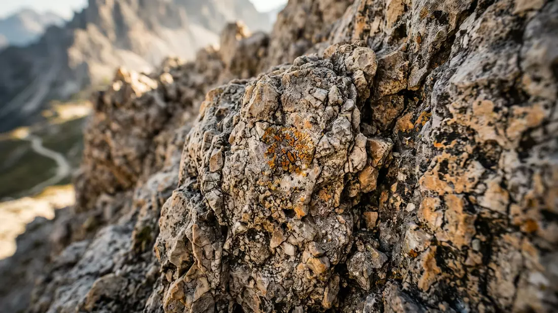 Makroaufnahme eines Materialdetails am Wahrzeichen Dolomiten, Cortina d'Ampezzo Italien