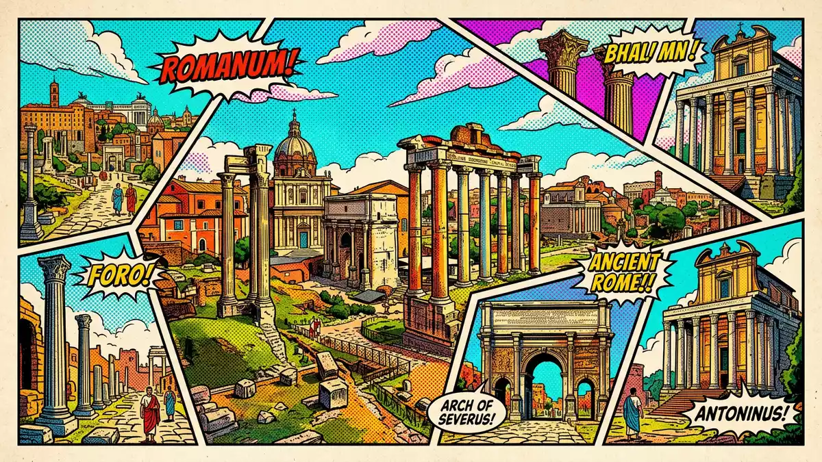 Pop-Art-Comic von Forum Romanum in Rom, Italien mit Rasterpunkten