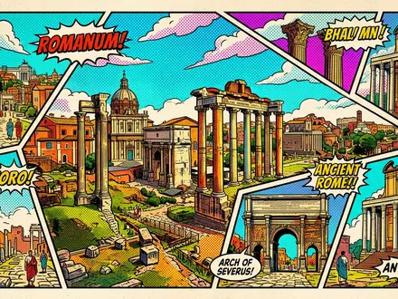 Pop-Art-Comicillustration des Wahrzeichens Forum Romanum in Rom Italien, kraeftige Konturen Rasterpunkte und satte Farben - Foto: THN